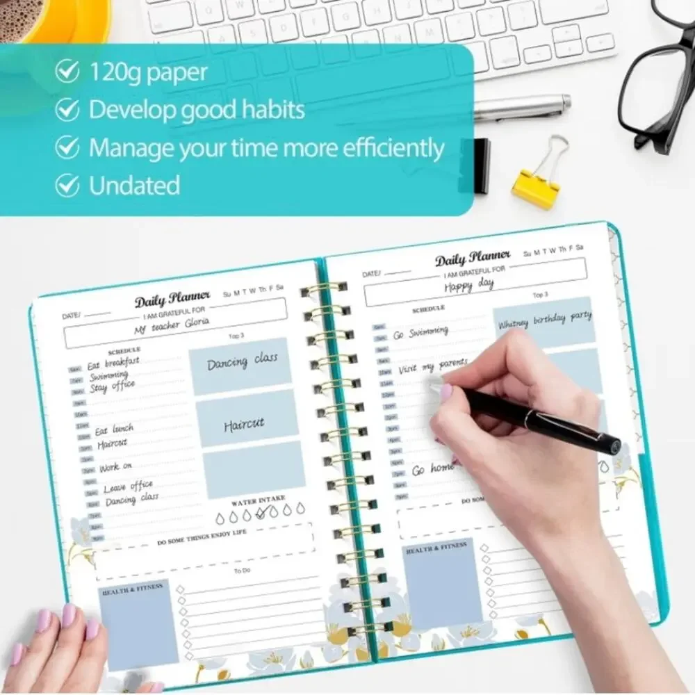 Daily Planner Organizer Undated Teal Green Task List Spiral Bound Notebook